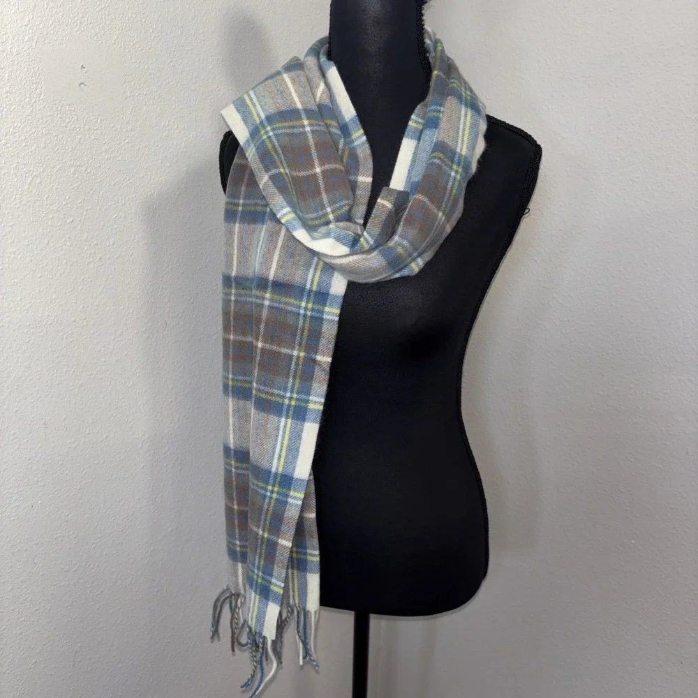 NWT Shepherds Land‎ Lambswool Natural Buchanan Blue Scarf Fringe Scottish Plaid